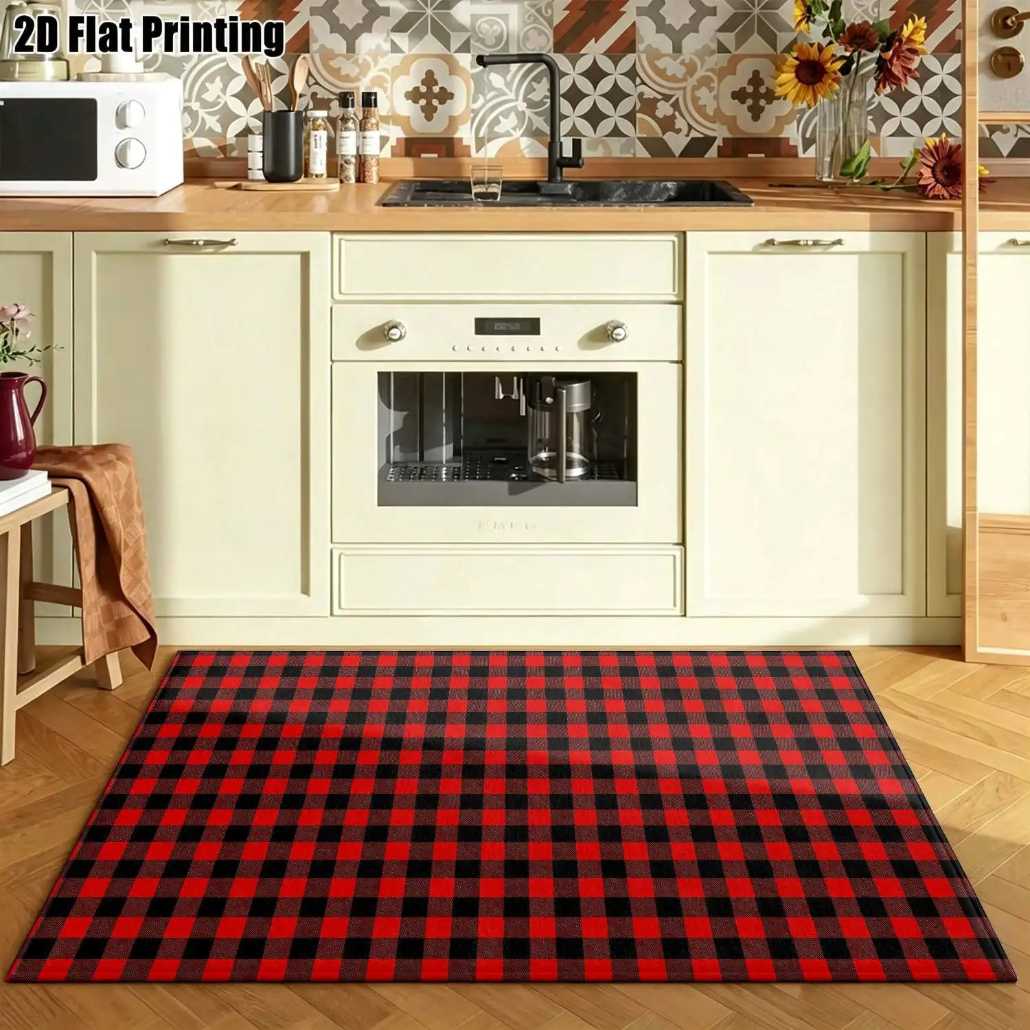 1Pc 2D Printed Carpet: Red-Black Geometric Checkered, Nordic/Instagram-Style, Modern Minimalist European Floor Mat, Machine Washable, Multi-Size, for Entrance, Dining, Foyer, Bedroom, Living Room Home Decor