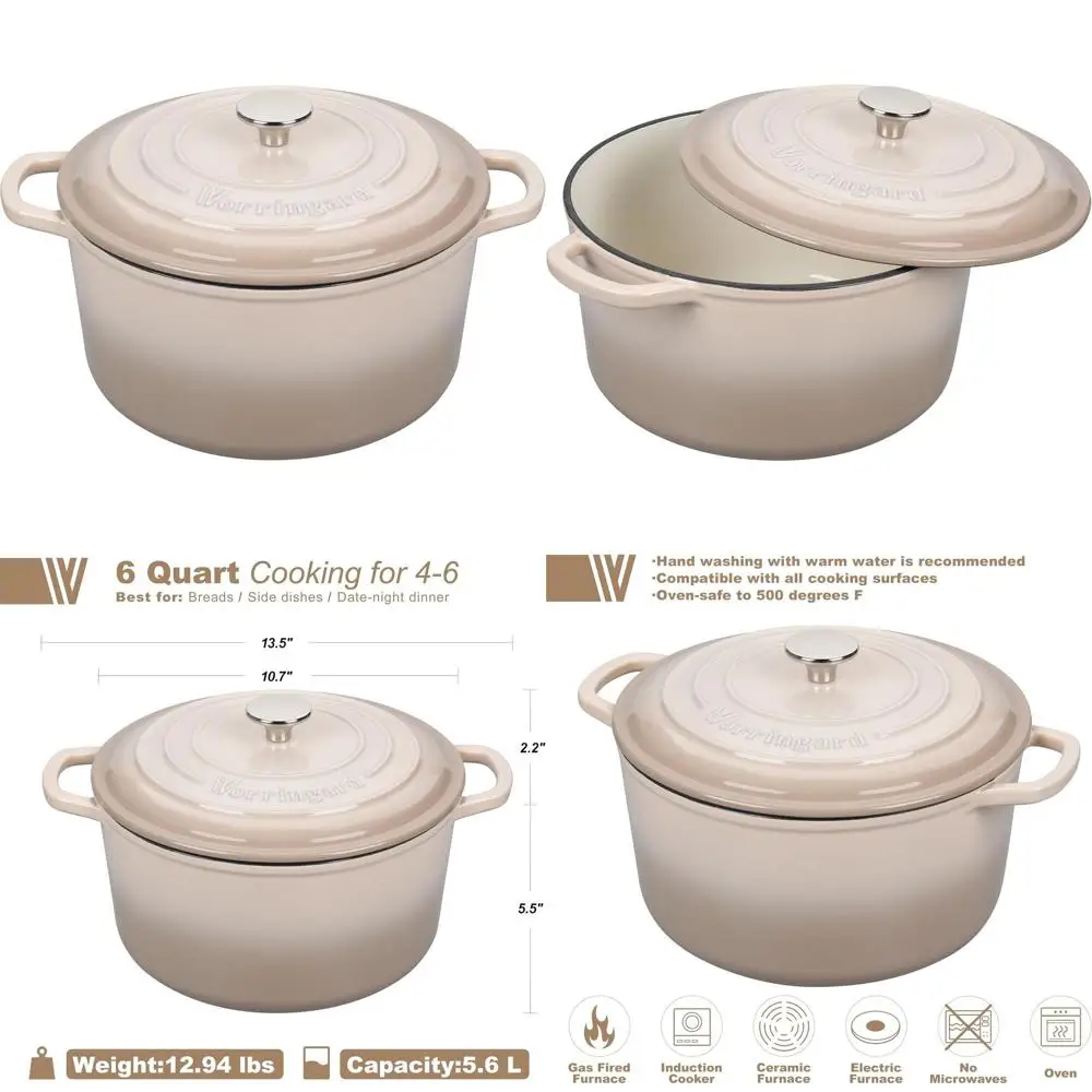 

6-Quart Round Enamel Dutch Oven Pot with Lid, Latte Color, Perfect for Sourdough Bread Baking