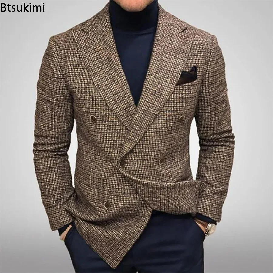 New 2024 Spring Autumn Men's Plaid Print Blazer Fashion Casual Slim Wedding Party Long Sleeve Suits Jacket Men's Clothing Blazer