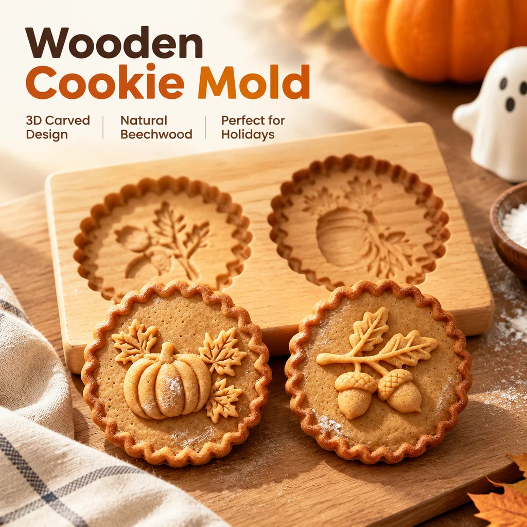 Wooden Cookie Mold Press for Baking 3D Carved Beechwood Gingerbread Stamp Halloween Pumpkin Ghost Embossing Cookie Cutter Mold