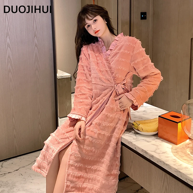 DUOJIHUI Solid Color Winter Flannel New Women Pajamas Loose Simple Thick Warm Chicly Pace-up Fashion Cardigan Female Nightgowns