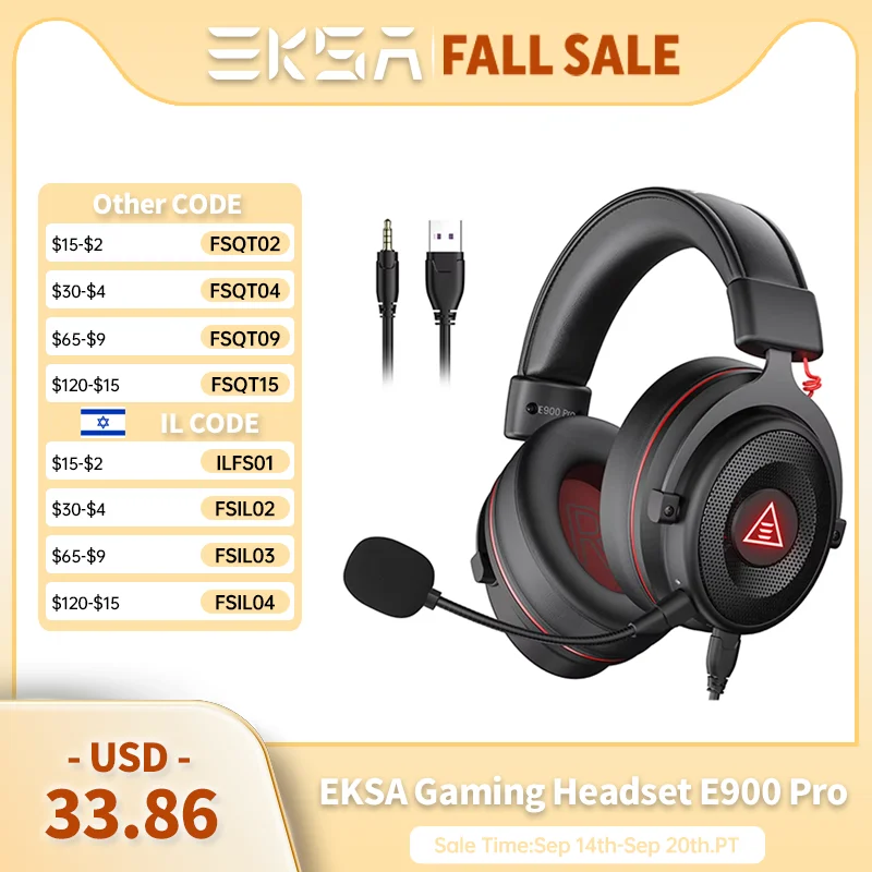 EKSA E900 Pro Gaming Headset 7.1 Surround Sound USB Wired Headphones Detachable Noise Cancelling Mic for PS4 PS5 Xbox One Laptop