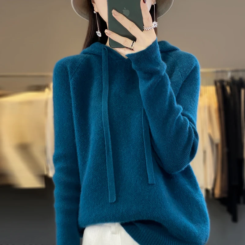 Honeycomb new 100% Merino wool hoodie Autumn/winter cashmere sweater Women's O-neck hoodie warm bottom knit shirt top