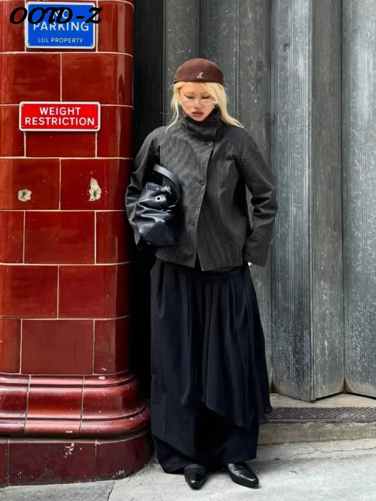 

Casual Double-sided Coats Women Full Sleeve Striped Lapel Single Breasted Pockets Coat Female 2025 Autumn Fashion Lady Outwears