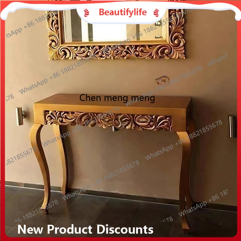 

Entrance table Solid wood carving flower retro French entrance table Entrance door, gold table against the wall H