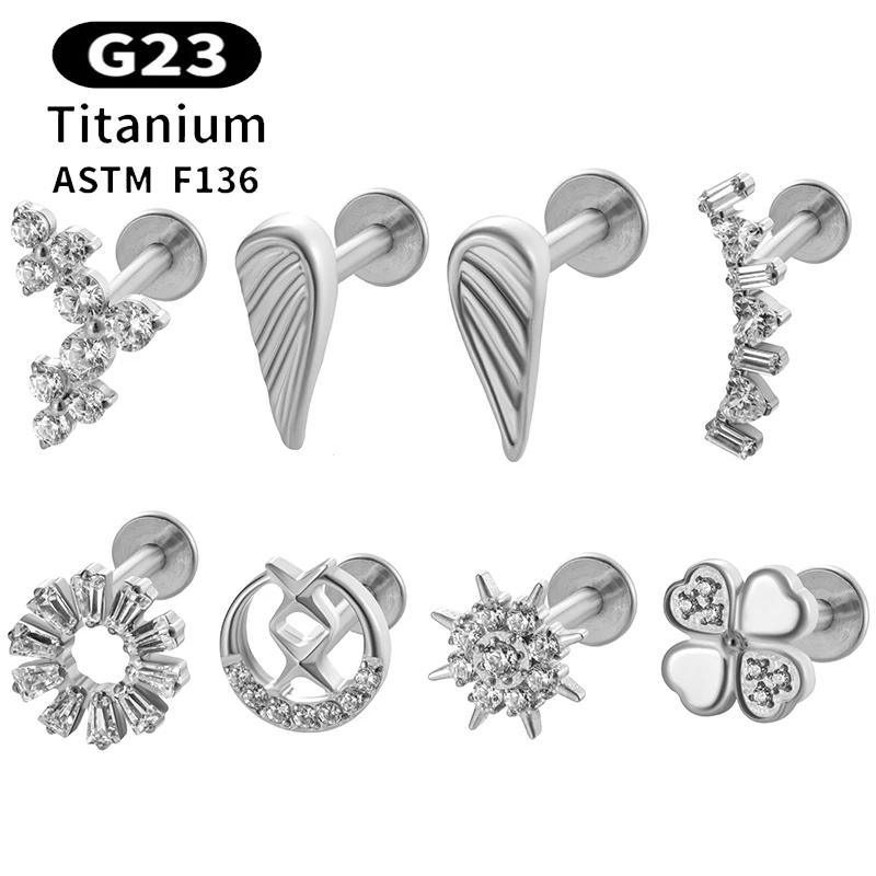 1PC G23 Titanium Labret Internal Thread Flatback Stud Earrings CZ Flower Helix Lip Studs Tragus Cartilage Conch Piercing Jewelry