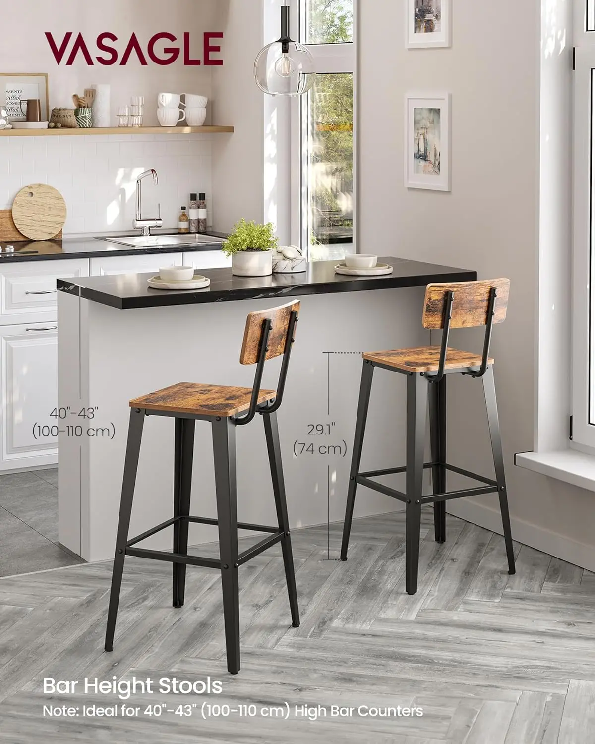 4 Bar Stools, 29.1' Tall, Industrial Style, Steel Frame, Rustic Brown & Ink Black, Easy Assembly