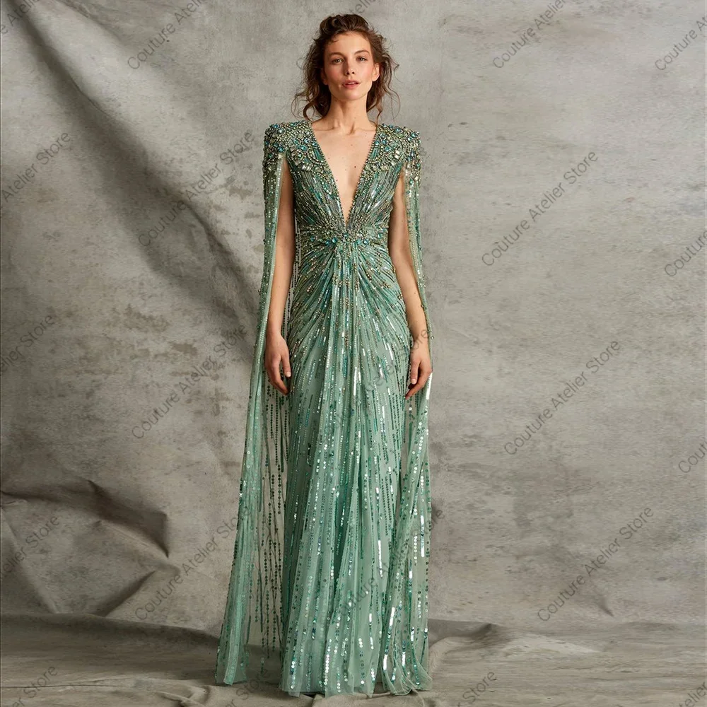 Luxo dubai sage verde vestidos de noite 2025 com contas de cabo ouro cristal feminino vestidos de festa de casamento com decote em v cocktail personalizado