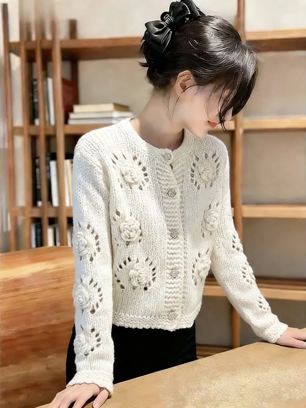 

Knitted Open Cardigan Women's Hollow out Sweater Autumn Winter Korean Sle Lazy Design Sense Top for Commuting