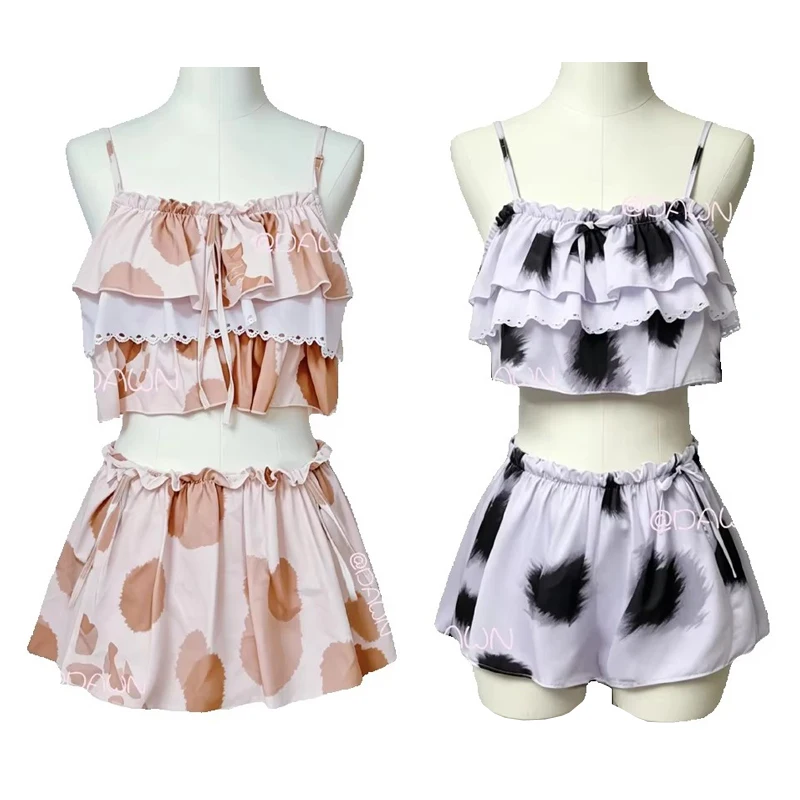 lolita Cat Printed Swimsuit Split Cute Girl Suspender Tube Top Set Lolita Style Ruffle Edge Top Triangular Swimsuit Women Bikini