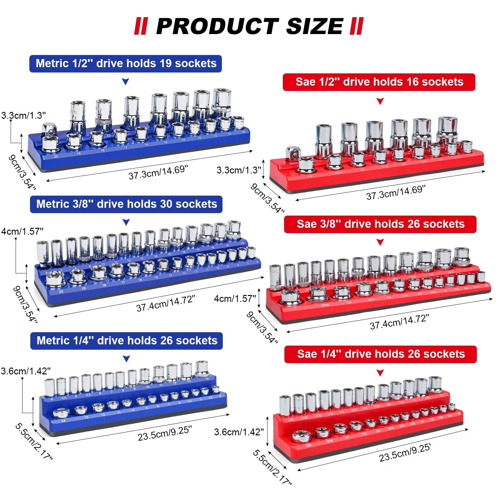 Magnetic Socket Holder, Socket Organizer SAE Red 1/2 Inch Drive, Socket Keeper Stores 16 Standard and Deep Size SAE Sockets