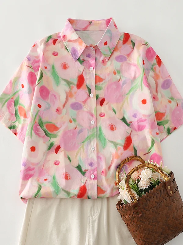 

Retro Oil Painting Print Short Sleeve Shirt Women's Loose Casual Top Summer New Style Comfortable Breathable Cotton Shirt