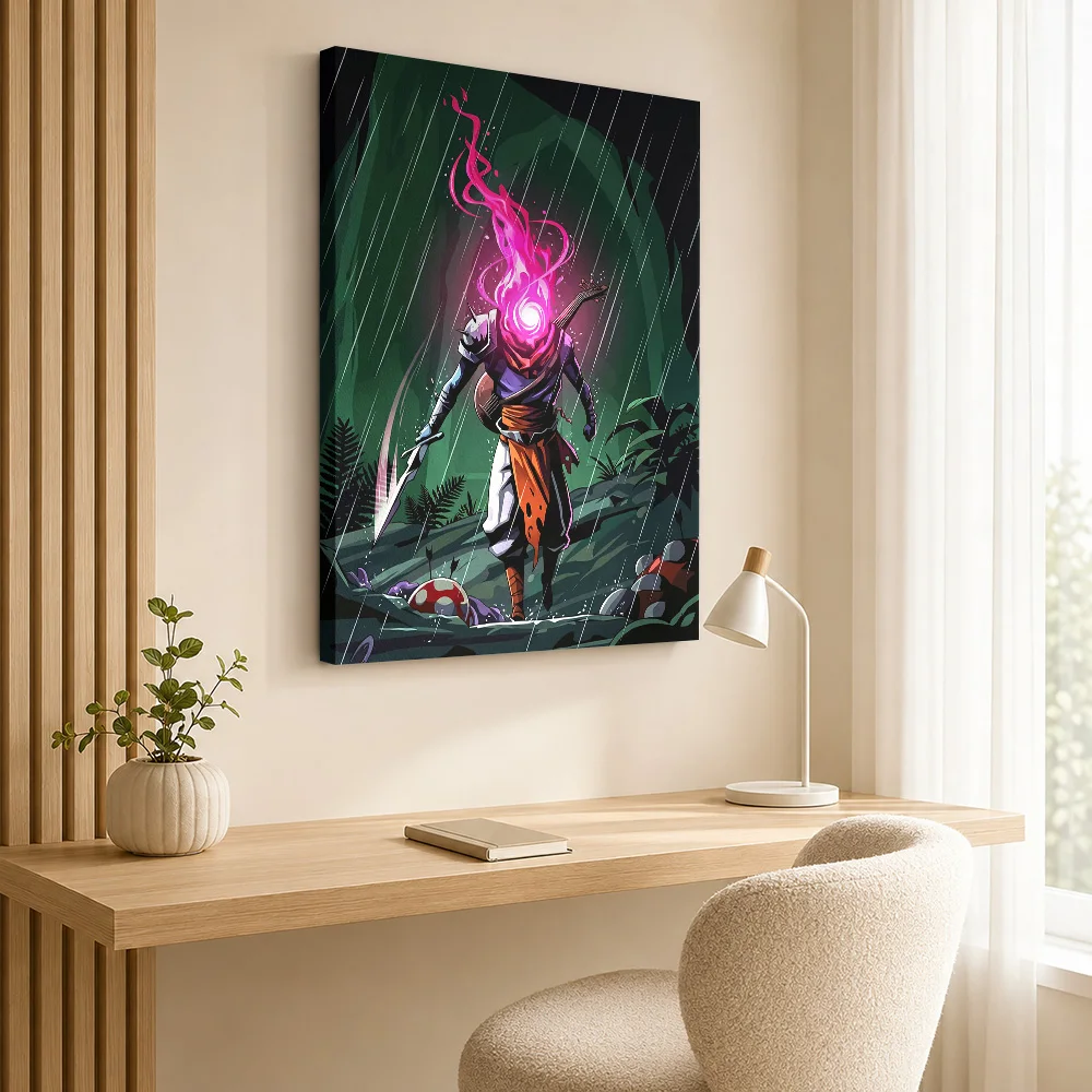 Dead Cells Character In Rain Framed Canvas Print Customized Photo Expressive Illustration Wall Art For Console Gaming Corner