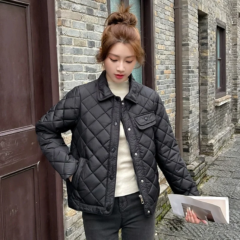 Women Lightweight Cotton Jacket 2025 New Diamond Grid Autumn Winter Short Small Fragrance Jacket Female Cotton Padded Outerwear