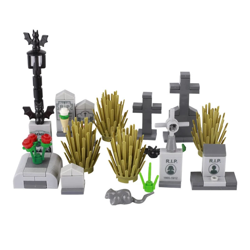 Building Blocks Figures Halloween Scene Gifts Mini Bricks Toys For Kids Cemetery Tombstone Pumpkin Head Skeleton Bat Flower