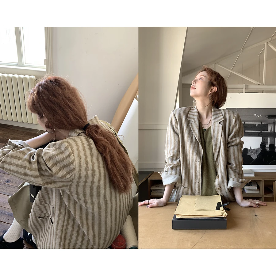 

HelloooEat Retro Striped Linen Suit Jaet Long Sve Single Button Design Women's Casual Faion Outerwear Straight Cut