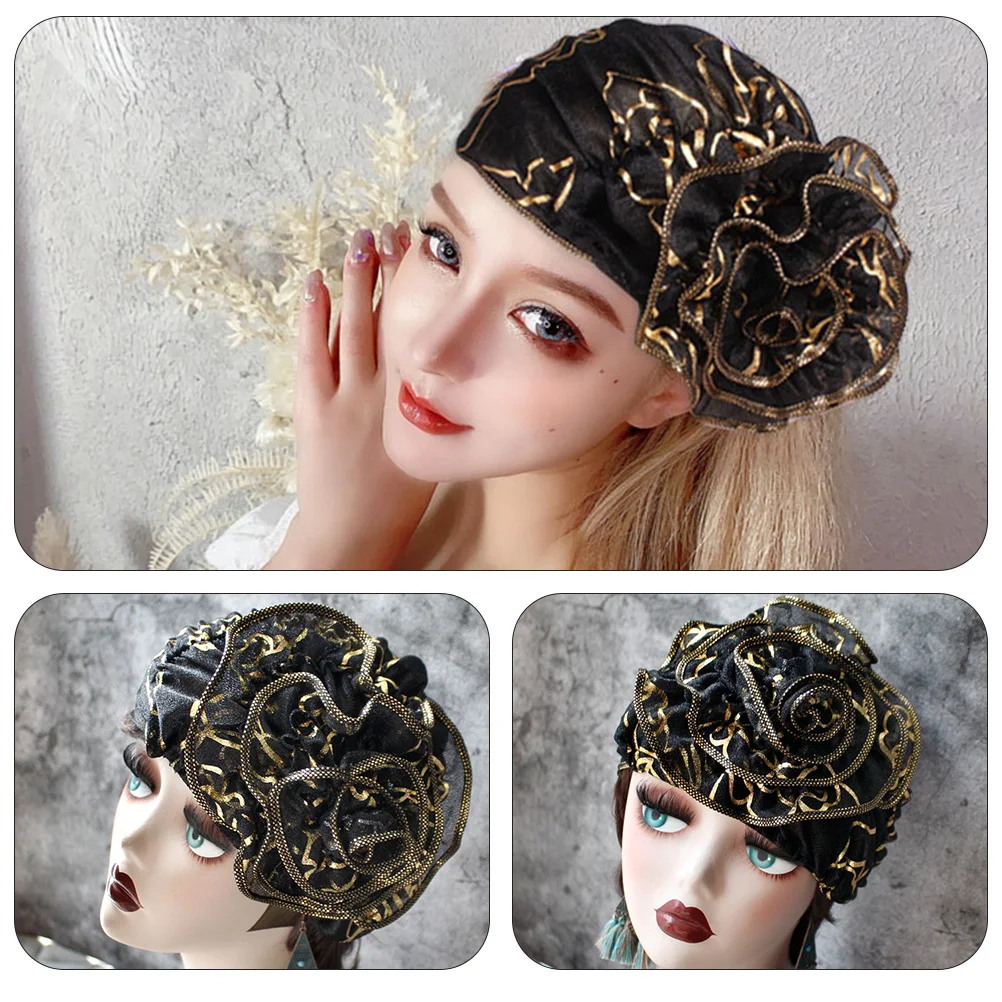 قبعات عمامة ملفوفة على شكل رأس زهرة الورد، قبعة نوم مرنة وناعمة من القطن من الداخل، شعر بتصميم أنثوي لامع وناعم