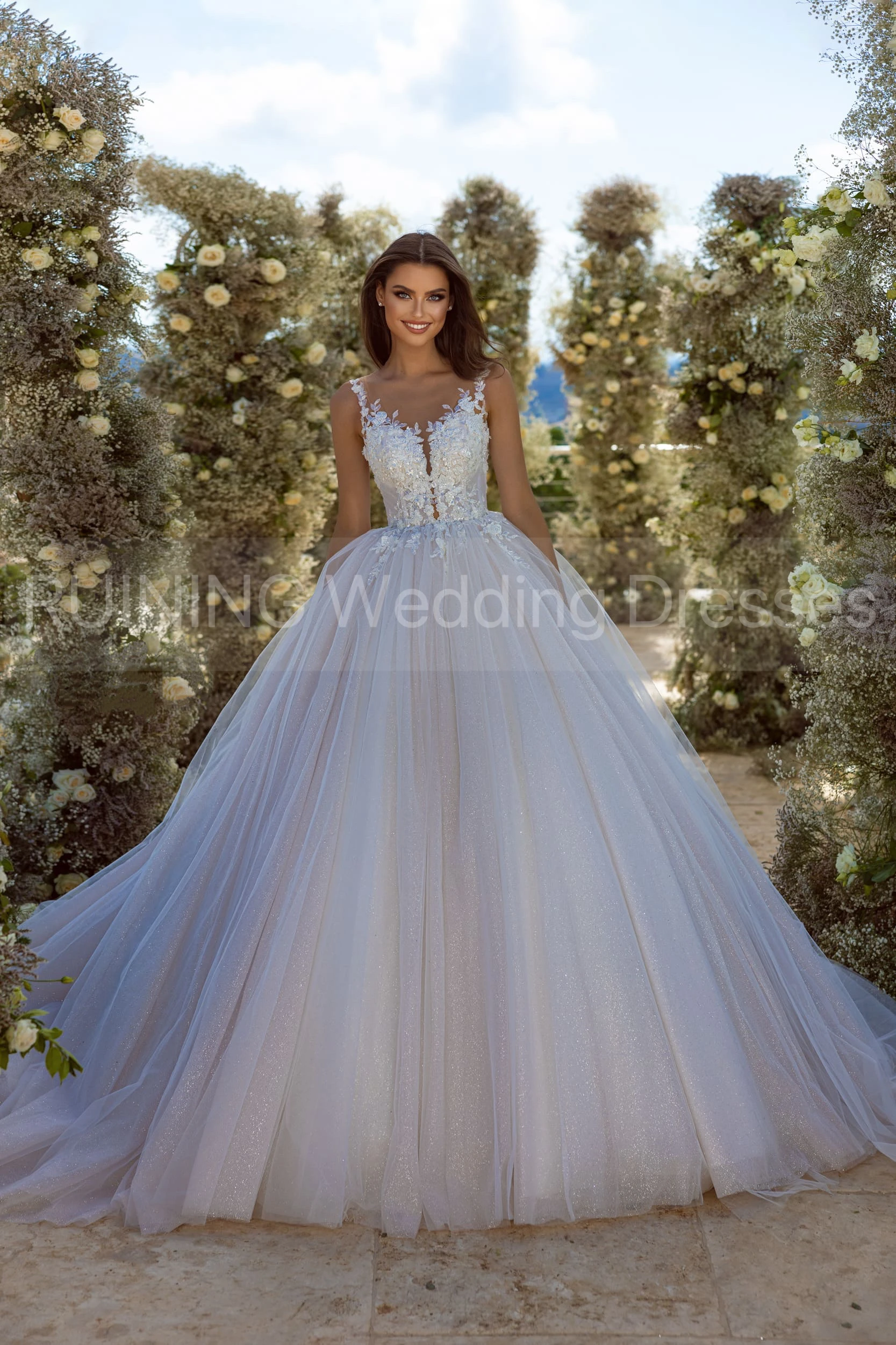 Customized Puffy Glitter Skirt Wedding Dresses Sequin Lace Sleeveless Bride Dress 2026 Cheap Illusion Back Wedding Party Gown