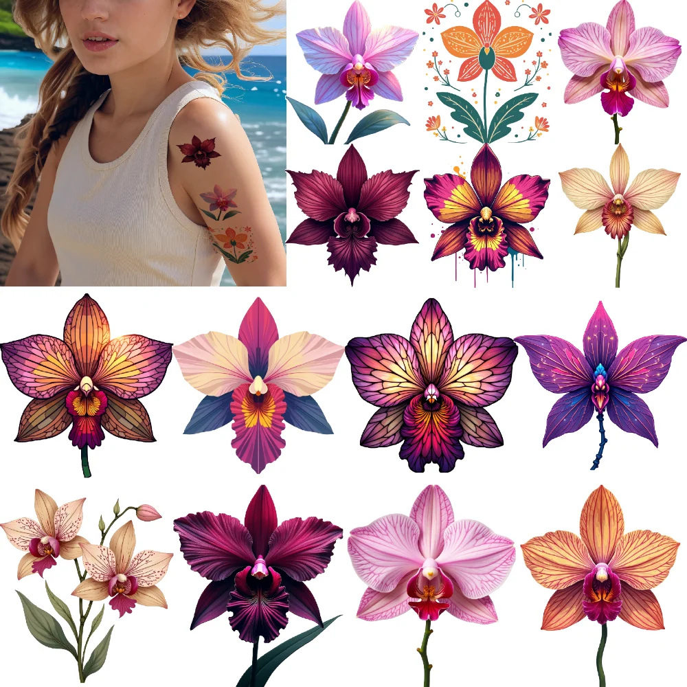 

28 шт., временные татуировки, наклейки с цветами, наклейки с мультяшной орхидеей, водонепроницаемые долговечные наклейки на тело для девочек, детей и мальчиков