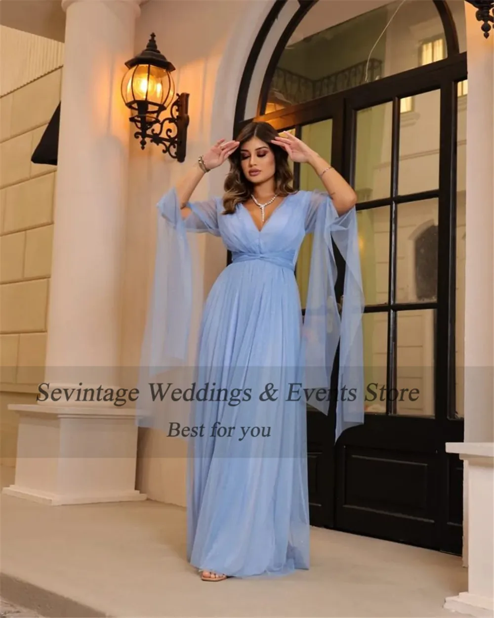 Sevintage Faint Blue Arabic Tulle Evening Dresses V-Neck Pleat Ruched Long Cap Sleeve Side Split Women Prom Dresses for women