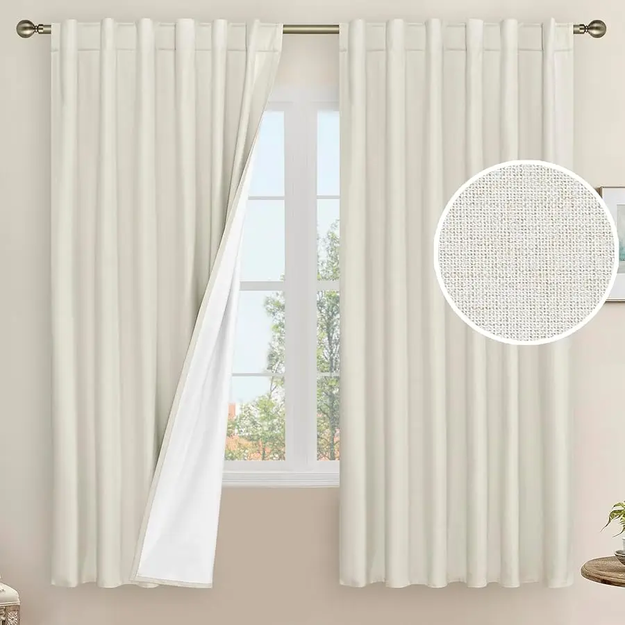 

100% Blackout Natural Linen Curtains, 63 Inches Linen Textured Thermal Bedroom Curtains Back Tab and Rod Pocket Neutral Panels w