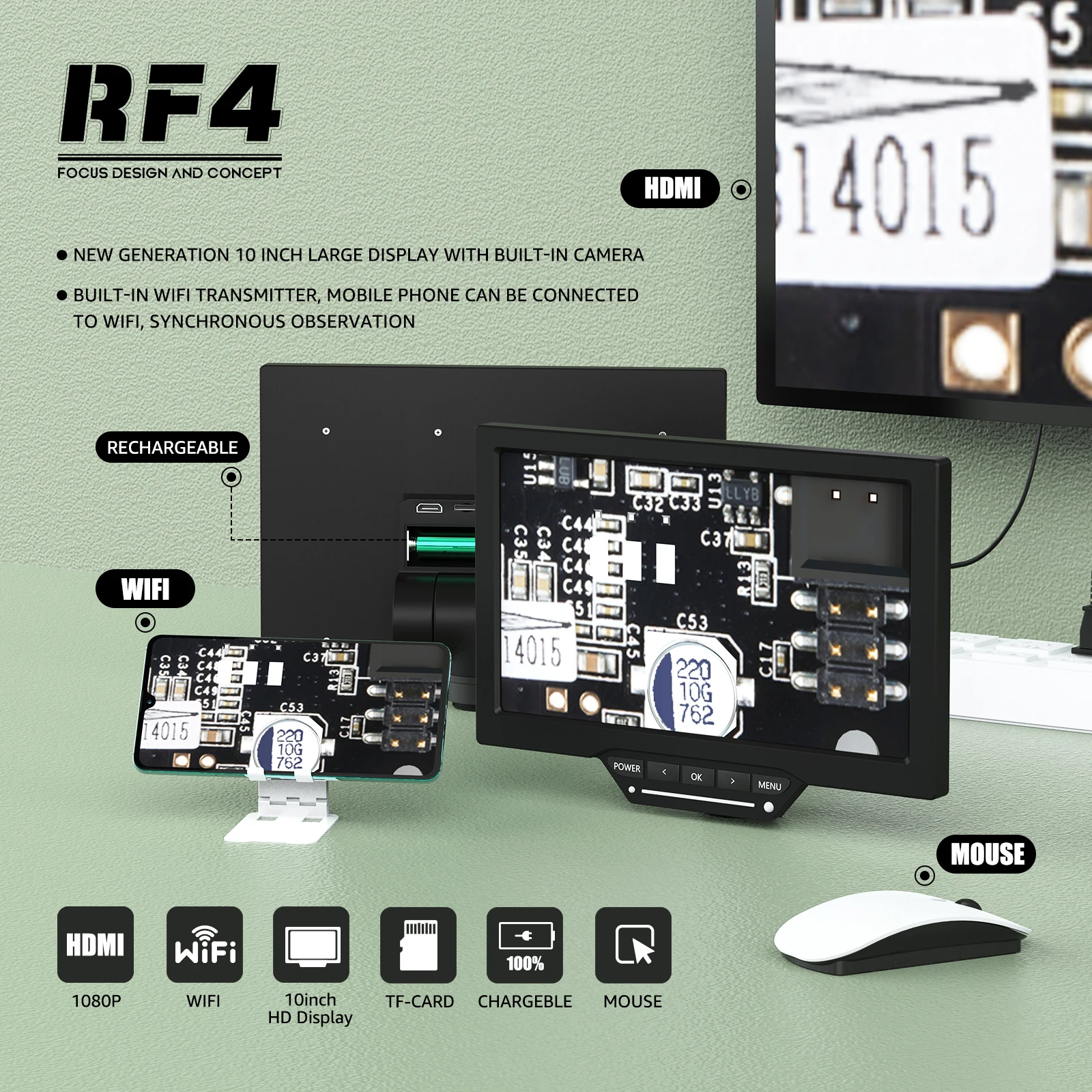 RF4 High Quality 10Inch Video Display Screen YS010W Observe Recorded PBC Phone Mobile Repair Tools Apply To Triocular Microscope