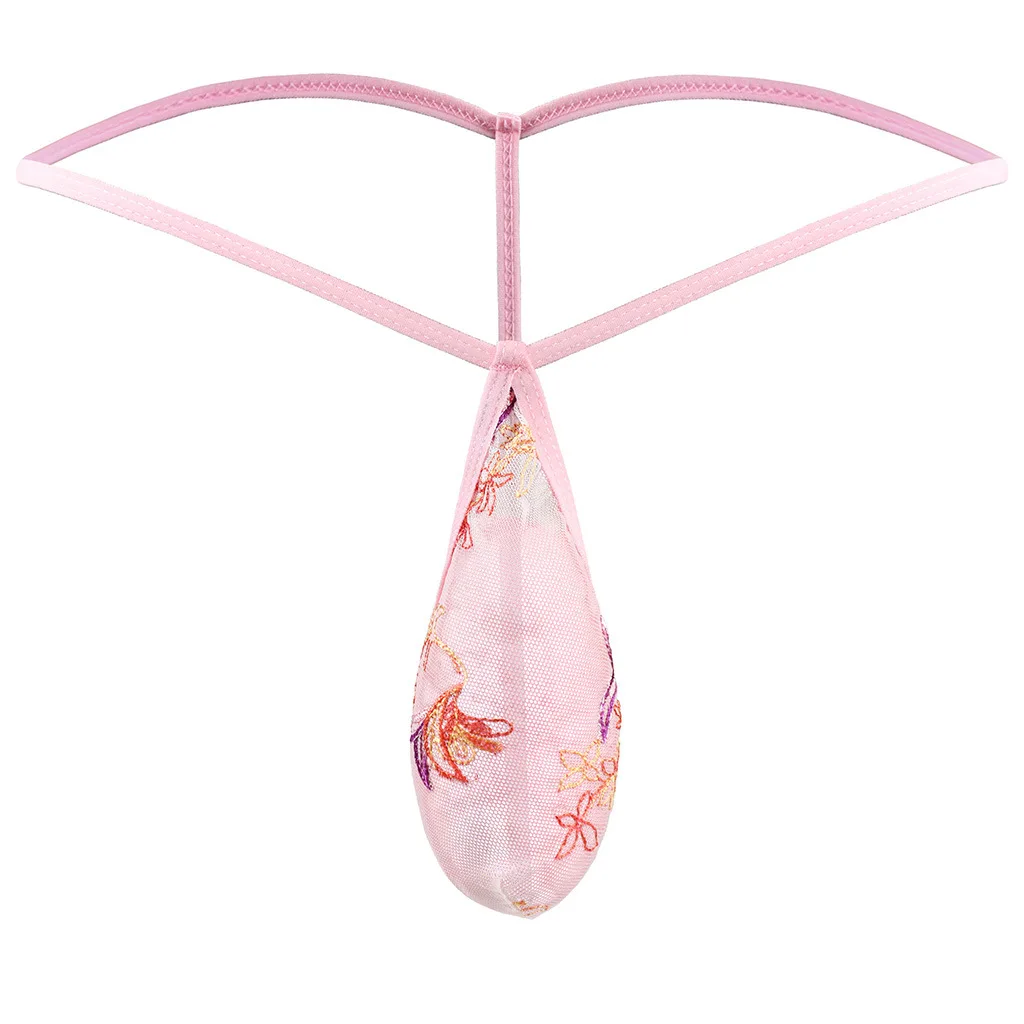 

Low Rise Sexy Men's Underwear Panties G-string Male Transparent Phoenix Lace Thong Pink 1201