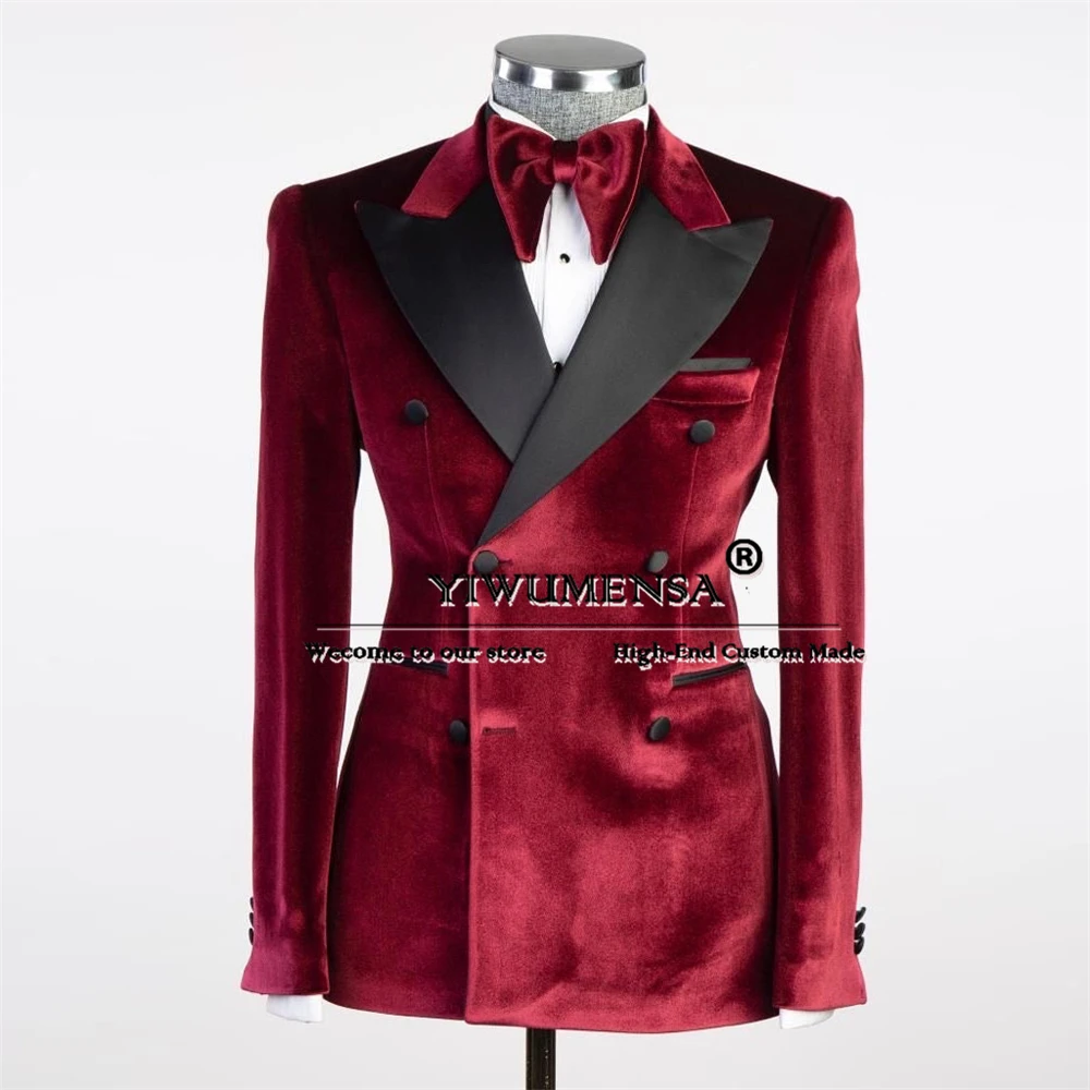 Elegant Burgundy Velvet Suits Men For Wedding Double Breasted Jacket Pants 2 Pieces Groom Tuxedos Tailored Black Lapel Blazer