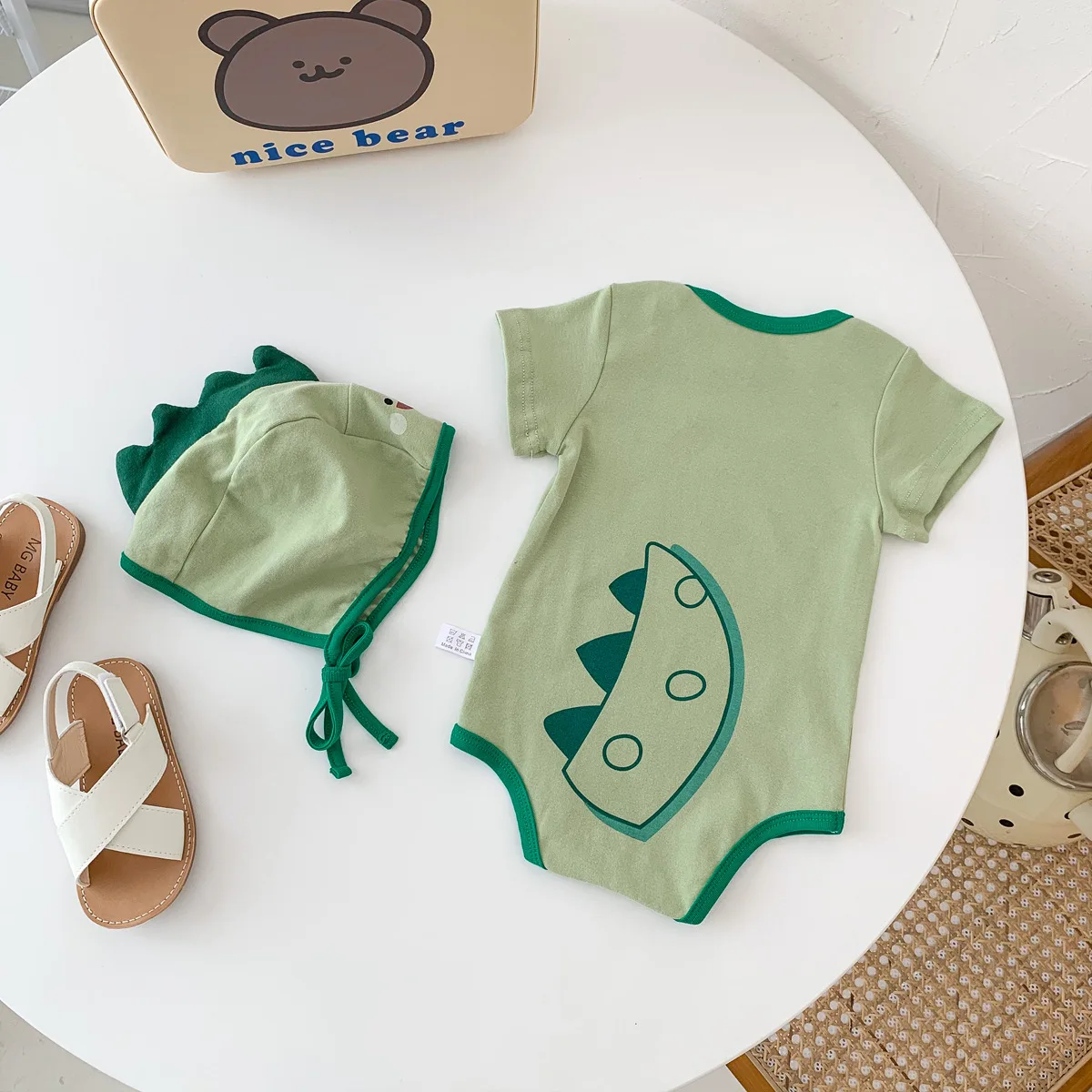 Baby Dinosaur Bodysuit+hat Ins Newborn Summer Short Sleeve Wrap Fart Outfits Korean Creeper Set Kids Boys Clothing  2pcs