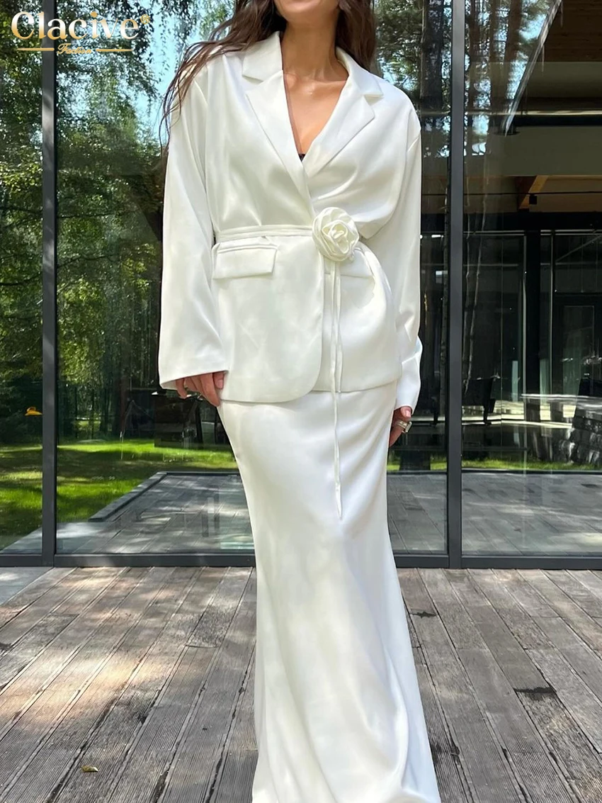 Clacive Fashion Loose White Satin 2 Piece Sets Women Outfit 2025 Elegant Long Sleeve Shirt With High Waist Long Skirt Set Female