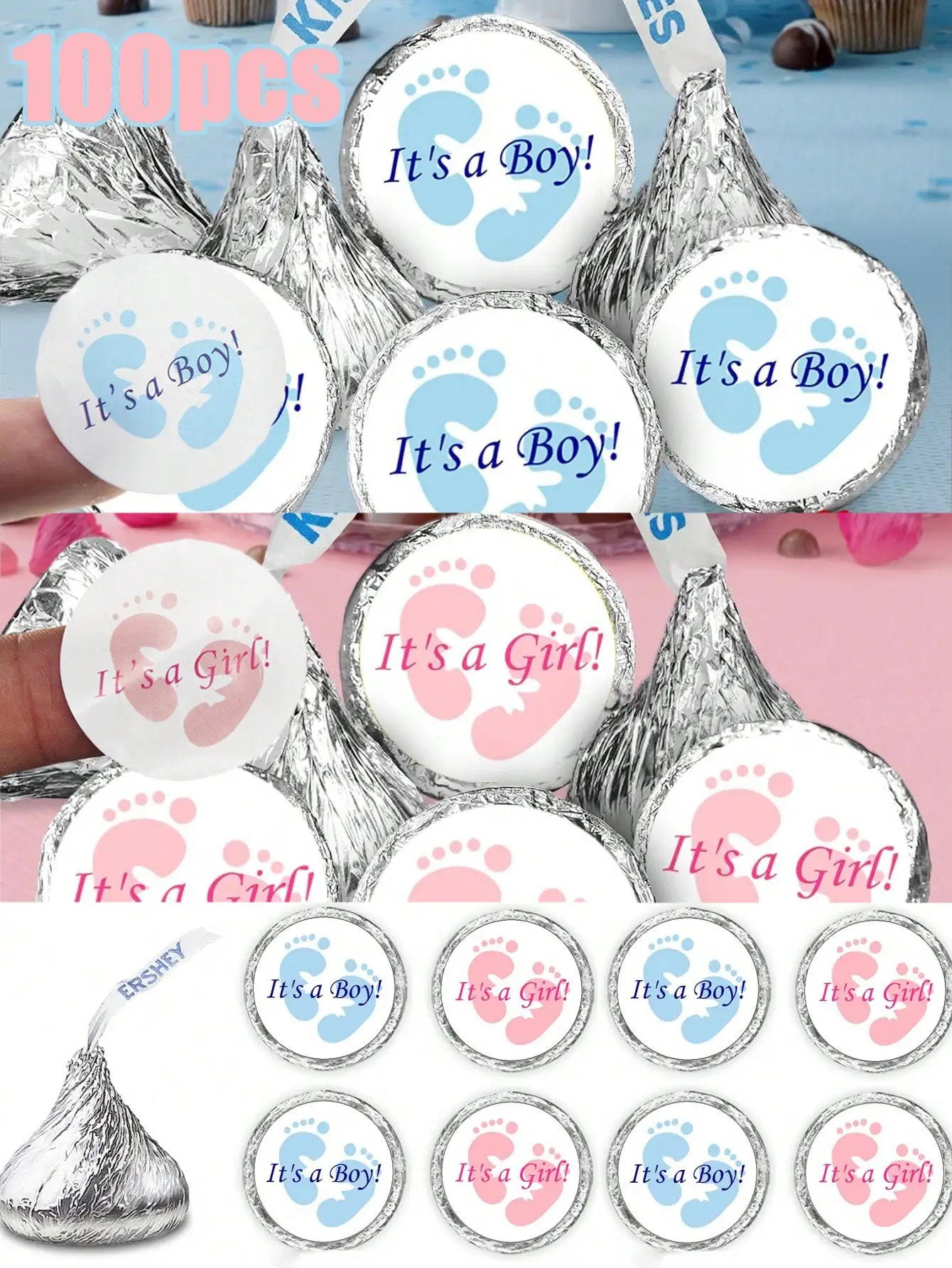 100pcs Gender Reveal Footprint Kiss Labels for Baby Shower Decorations 