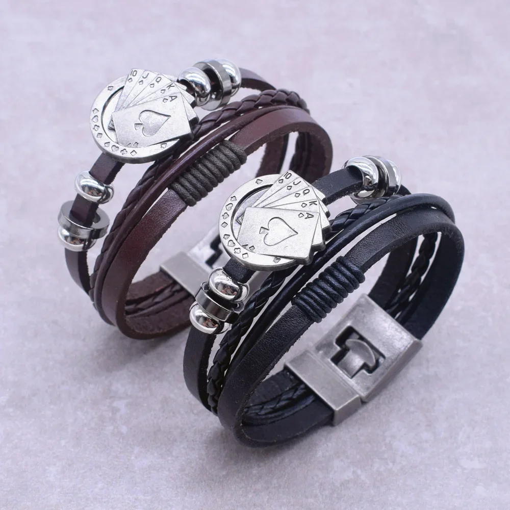Men Multi-layer Black Leather Bracelet Vintage Poker Ace of Spades Charm Wristband Punk Rock Bangle Mens Jewelry Gift for Him
