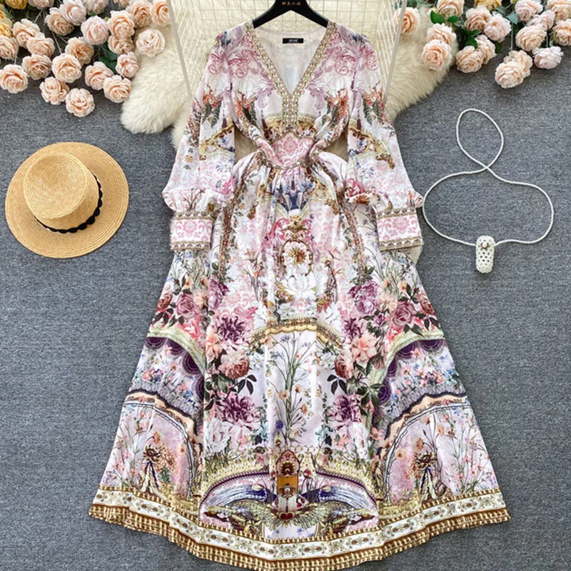 Robe longue de Style Court français, imprimé rétro, col en v, manches à bulles, coupe cintrée, haut de gamme, Niche, robes de soirée