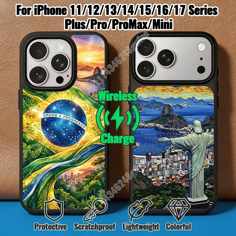 Brasil Brazil Flag Christ The Redeemer Magnetic Charge Case for iPhone 17 16 15 14 Pro Plus 13 12 11 Max Mini Outdoor Bumper