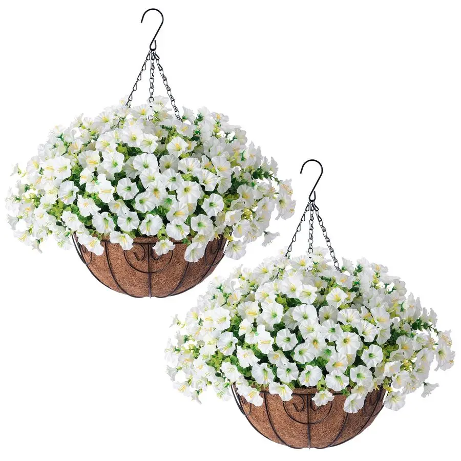 

Set Artificial Hanging Flowers Baskets for Outdoors Faux Spring Plants, 24 Pcs UV Resistant Faux Silk White Morning Glory with 2