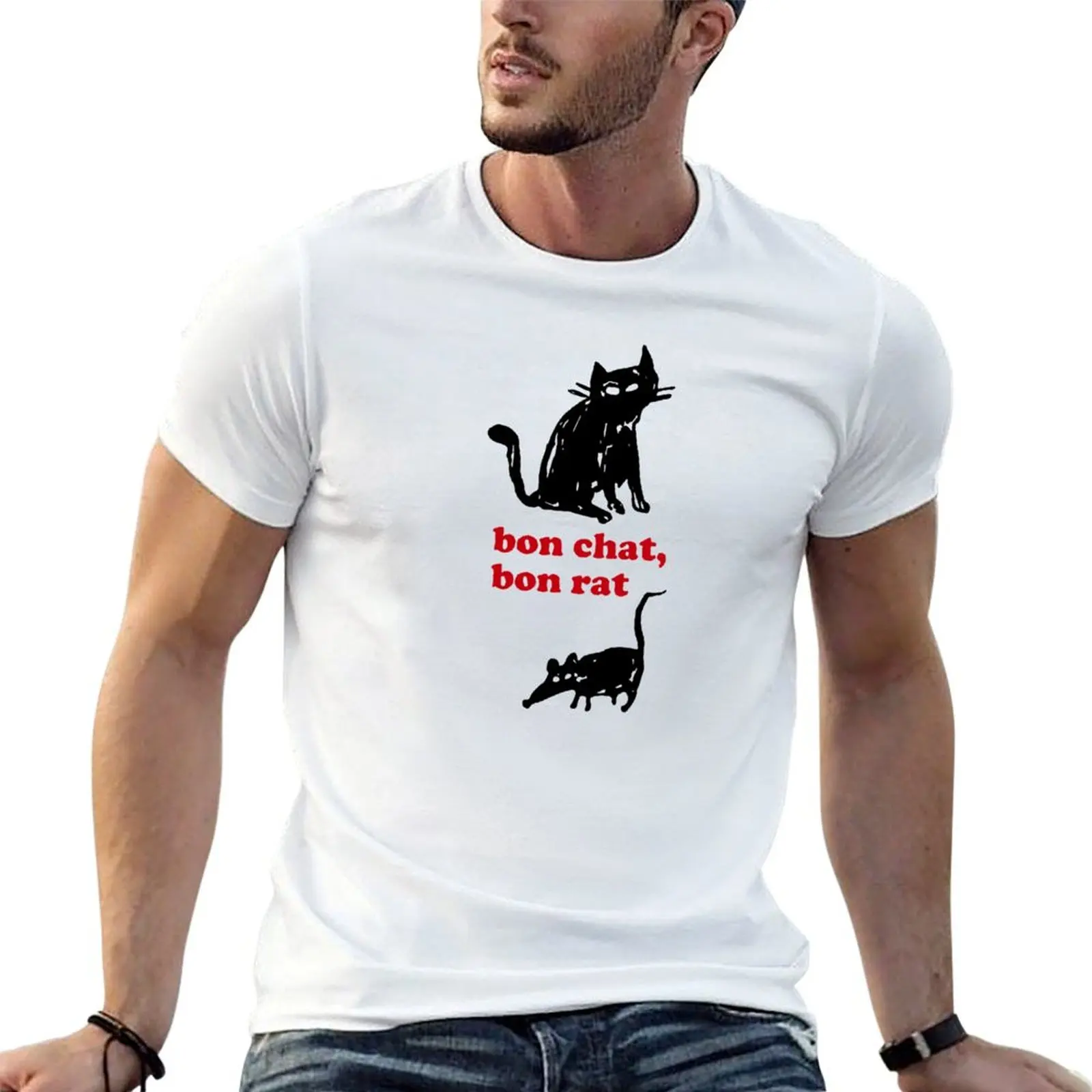 Camiseta Bon Chat, Bon Rat (negra) para hombre, camiseta de algodón, camiseta de diseñador para hombre, camiseta de algodón grueso