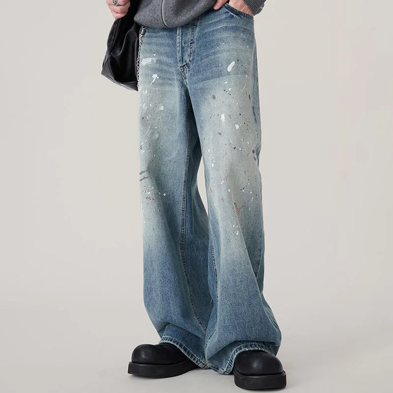 Autumn Korean Splashed Ink Jeans Men'S Straight Leg Pants Fashionable High Street Retro Loose Wide Leg Pants Design Pants