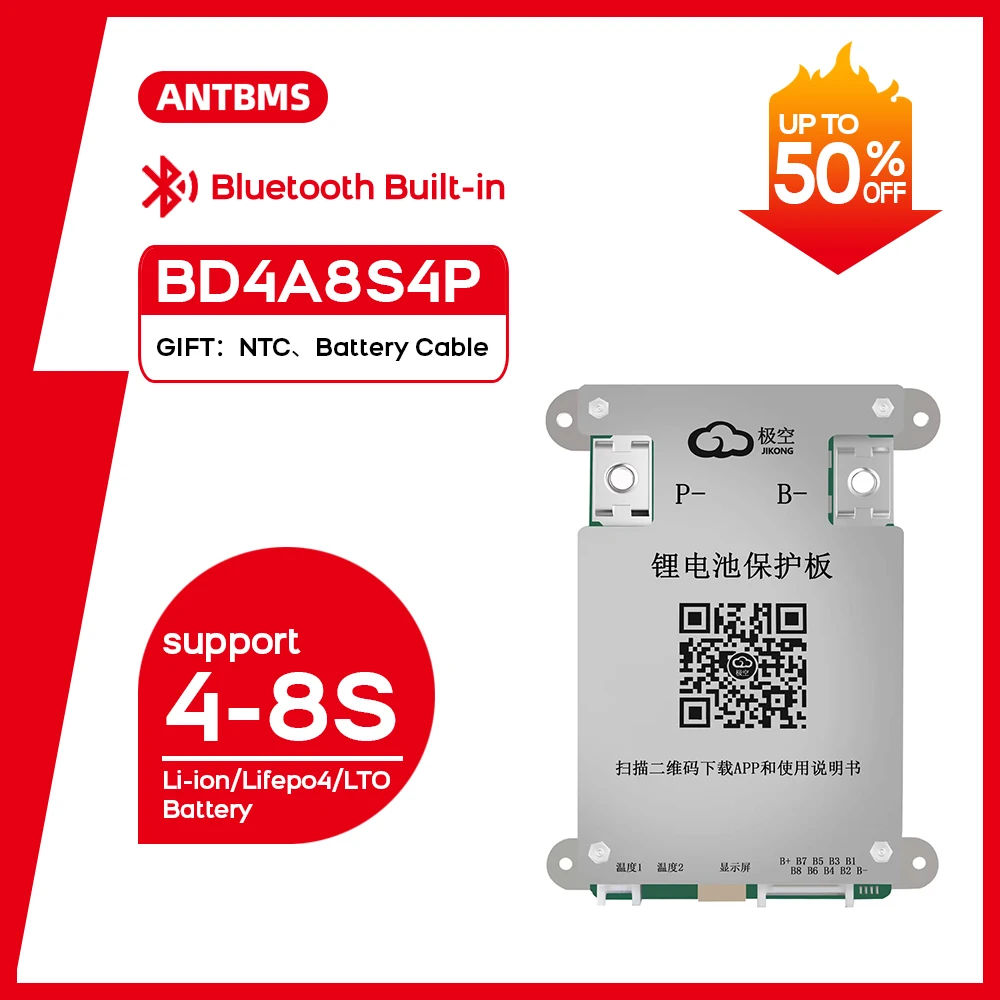 JK Smart BMS JK-BD4A8S4P Active BMS 4S 5S 6S 7S 8S Li-ion Lifepo4 LTO 12V 24V Batteries 0.4A Balance Current Battery BMS 40A