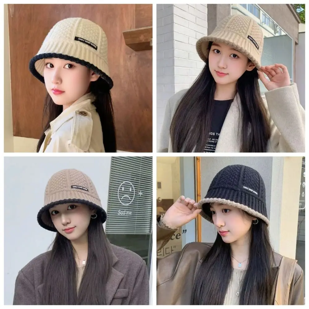 Polyester Fiber Knitted Bucket Hat Windproof Korean Style Wool Basin Cap Solid Color Warm Yarn Bucket Cap Cold Weather