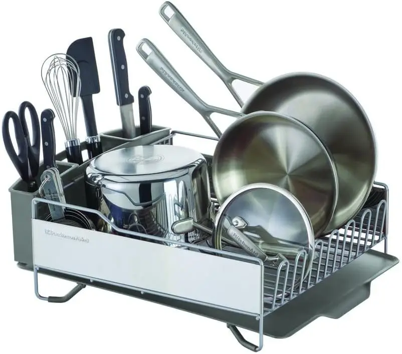 Kitchenaid-prateleira de cozinha de grande capacidade, tamanho completo, prateleira sem ferrugem, placa de drenagem e transportador de talheres removível, cinza claro