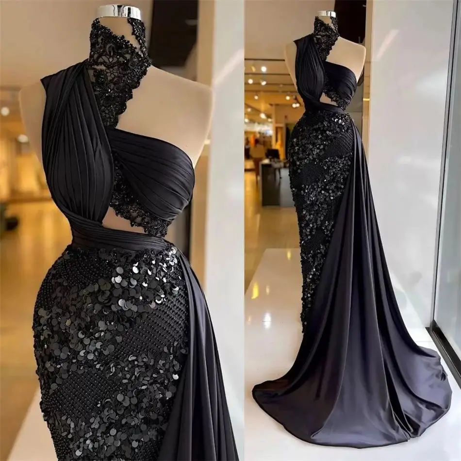 

Black Prom Dresses Sleeveless V Neck Halter Sequins Beaded Sexy Celebrity Satin Mermaid Appliques Evening Dresses Custom Made