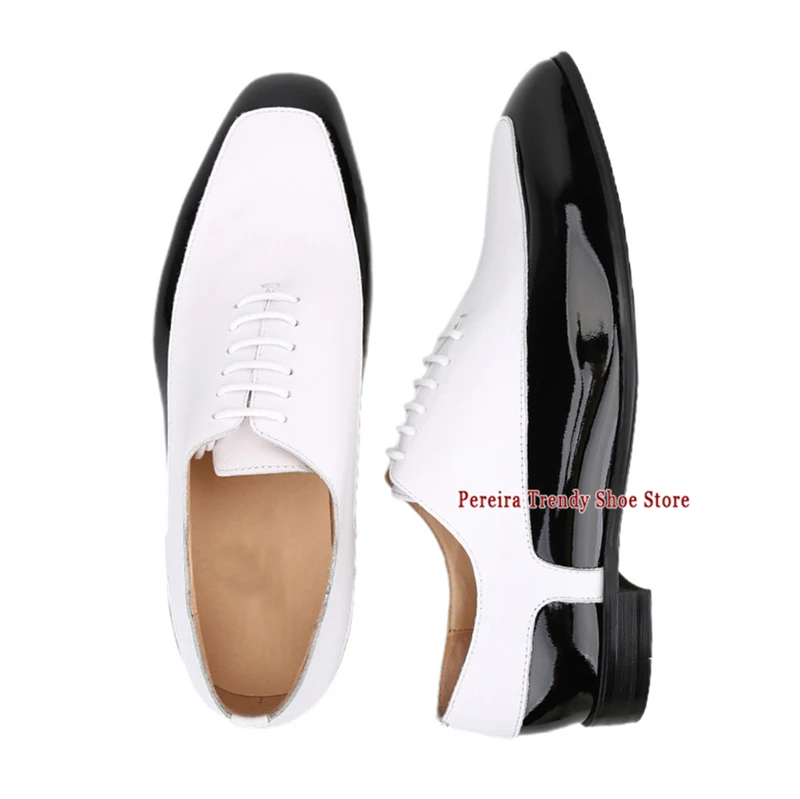 Men's Handmade Cowhide Oxford Shoes Black and White Patchwork Patent Leather Square Toe Oxford Shoes Party Wedding Dress Shoes