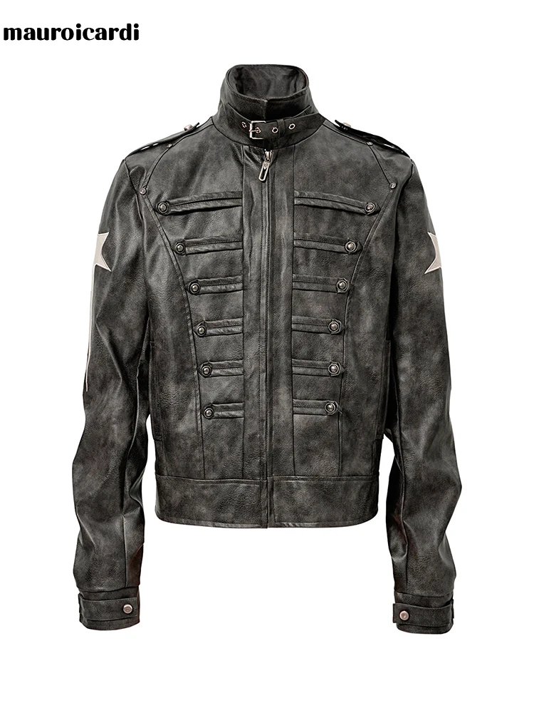 Mauroicardi Spring Autumn Short Distressed Patchwork Pu Leather Napoleon Jacket Men Zipper Palace Style Streetwear Menswear 2026 6 Mauroicardi Spring Autumn Short Distressed Patchwork Pu Leather Napoleon Jacket Men Zipper Palace Style Streetwear Menswear 2026 6