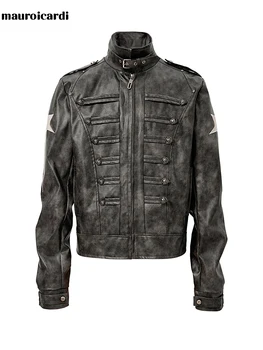 Men's Distressed Patchwork PU Leather Napoleon Jacket 6 Mauroicardi Spring Autumn Short Distressed Patchwork Pu Leather Napoleon Jacket Men Zipper Palace Style Streetwear Menswear 2026 6