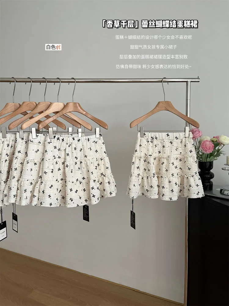 High Quality Beige  A-Line Skirt Office Lady Kawaii Bow Printed Vintage Cozy Pleated Skirt Lace Party Prom Korean Preppy Style