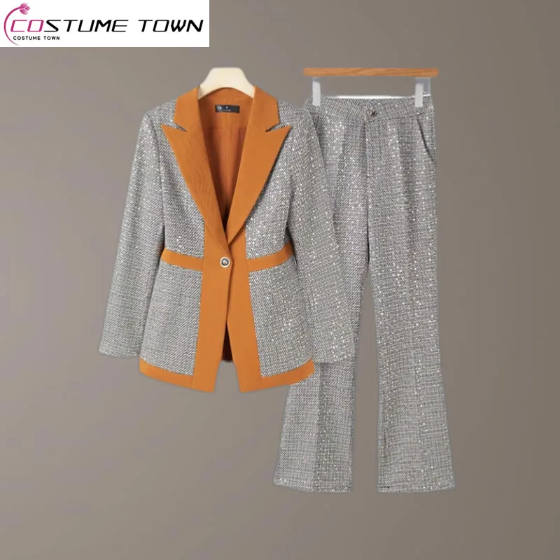 Chaqueta de retazos con contraste de Color para mujer, Blazer de pierna ancha, pantalones elegantes de dos piezas, traje de oficina de estilo