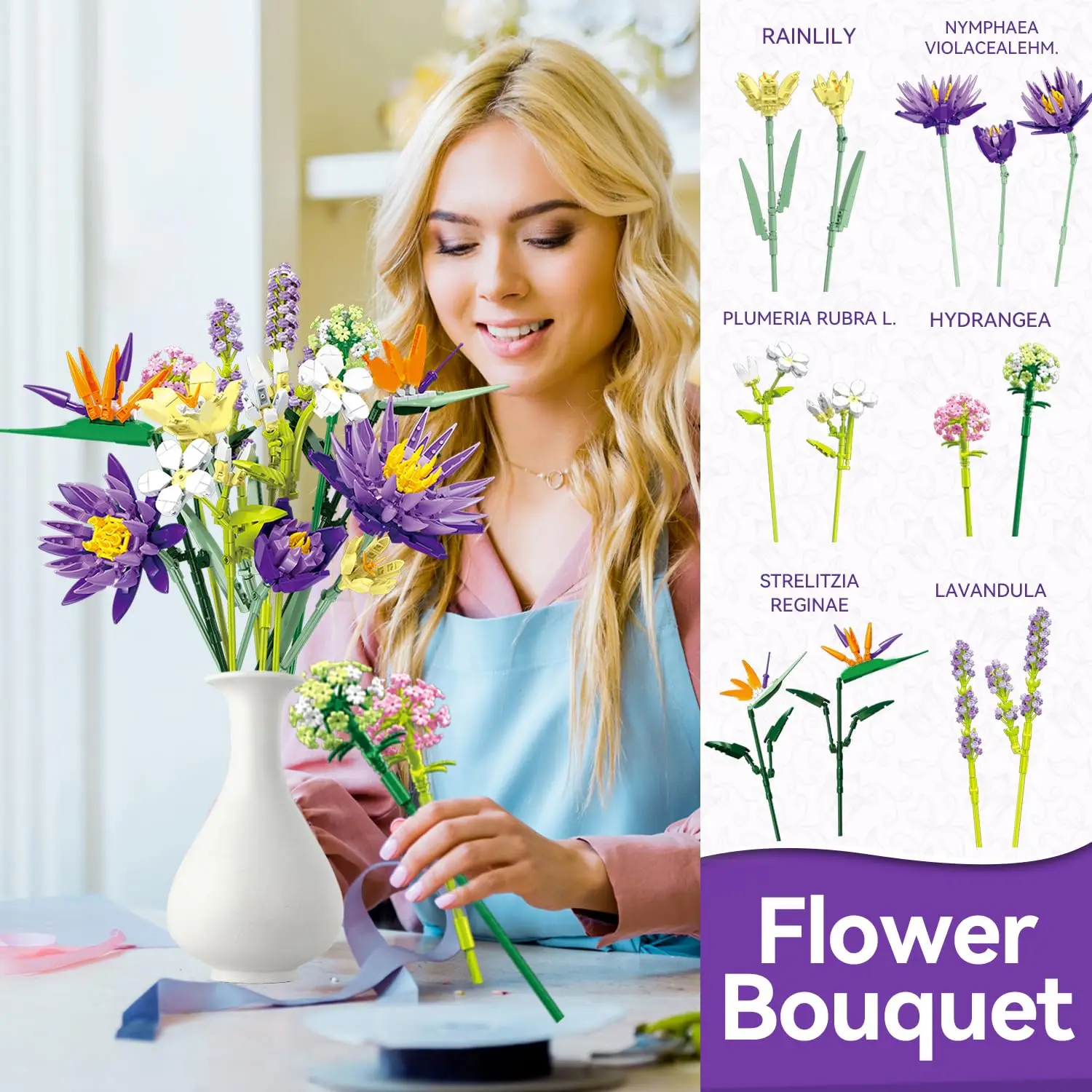 Décennie s de construction de bouquet de fleurs romantiques pour enfants, plante de fleurs éternelles, assemblage de briques, urgence, décoration de bureau, jouets de bricolage, cadeaux, 891 pièces