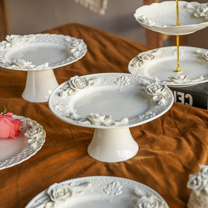 Hollow Ceramic Tableware, White Relief, Flower Kneading, Tray, Fruit Container, Appetizer, Tall Dessert Plate, Kitchen Utensils