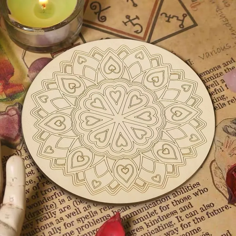 Mandala Round Wooden Board Laser Engraved Crystal Display Mat Magic Collection Tarot Game Props Tabletop Tea Cup Coasters 10cm