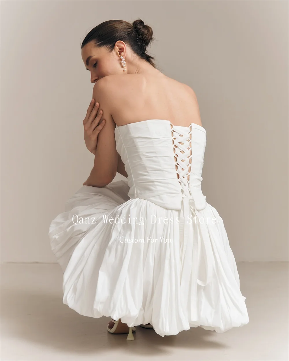 فساتين زفاف Qanz عتيقة من التفتا باللون الأبيض الصغير A Lin Vestido De Novia Boda بأربطة من الخلف مفتوحة من الخلف رداء De Mariée مخصص #2